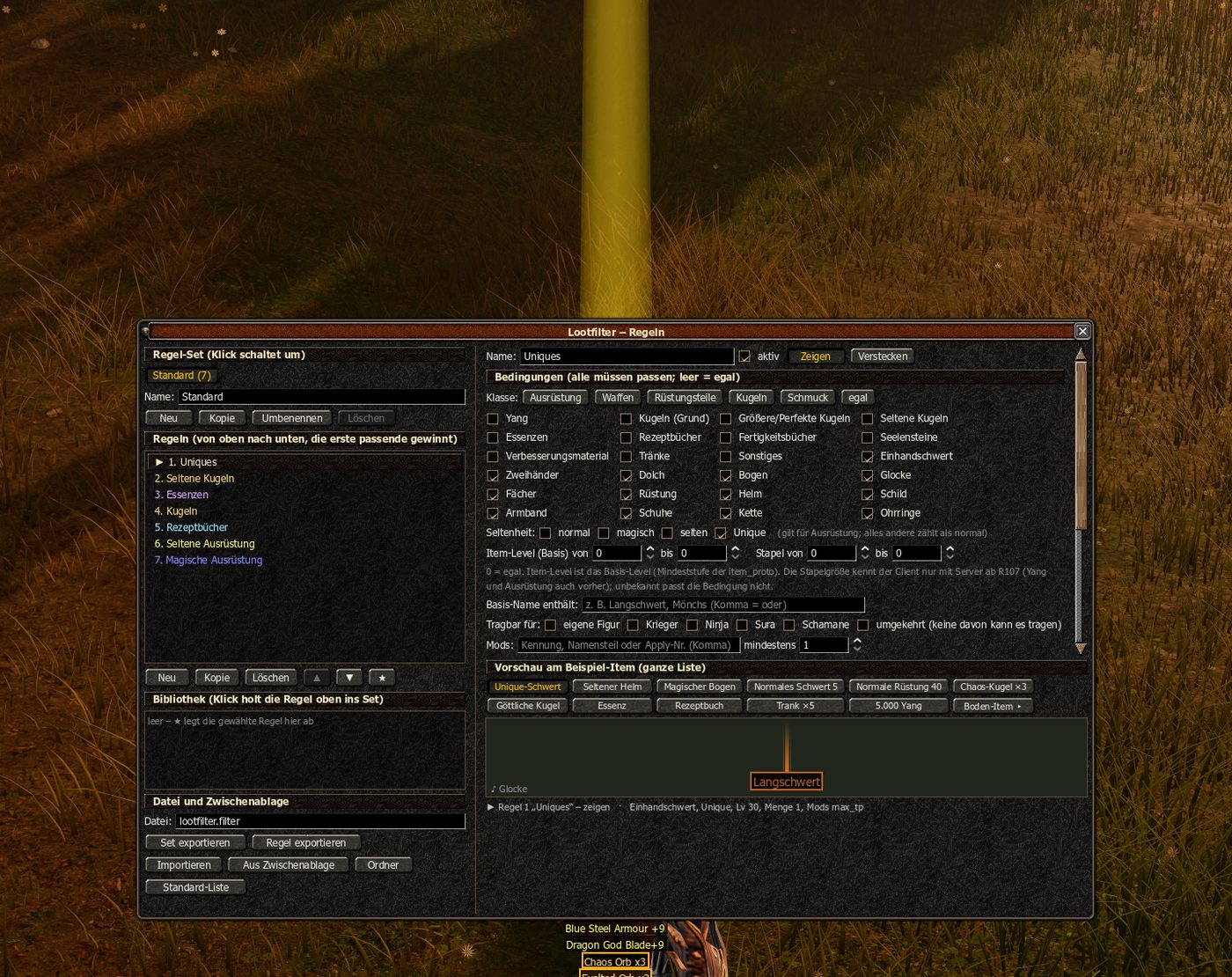 Lootfilter: eigene Regeln nach Seltenheit, Mod und Kugelstufe